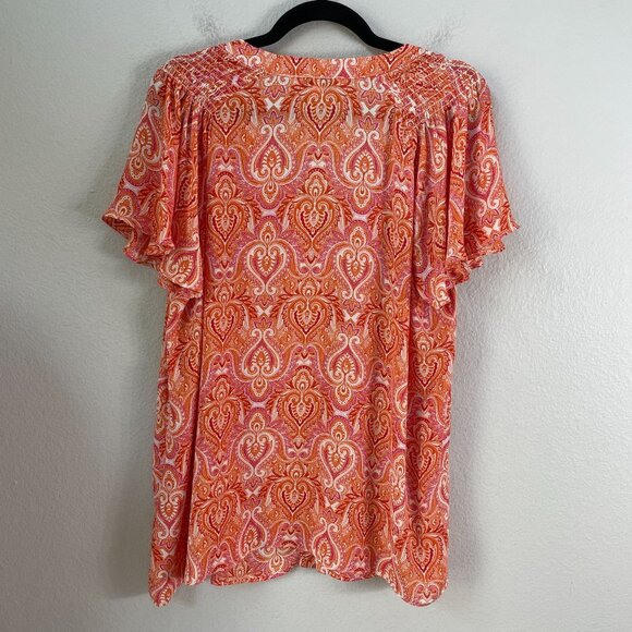 Rose + Olive Womens Plus 1X Paisley Blouse Top Short Flutter Sleeve Shirt - Picture 9 of 10